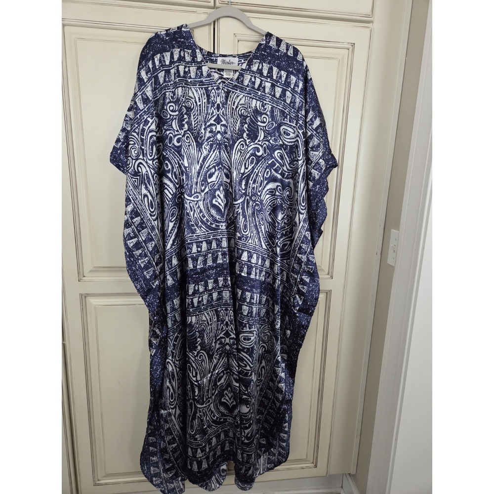 Vtg Winlar Kaftan Muumuu Women's One‎ Size Blue & White Maxi Lounge Wear Dress